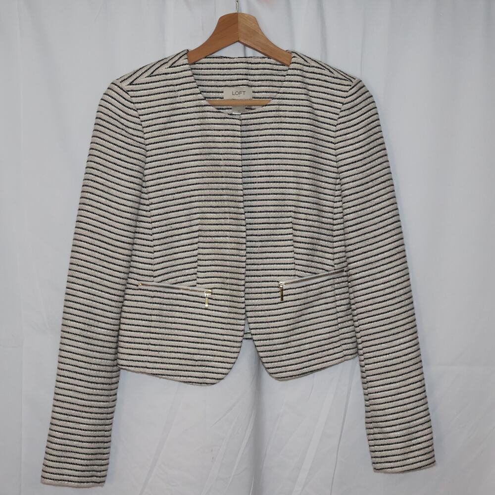 Loft Cream Jacket Black White Stripes Size XS Faux Zip Pockets Cropped